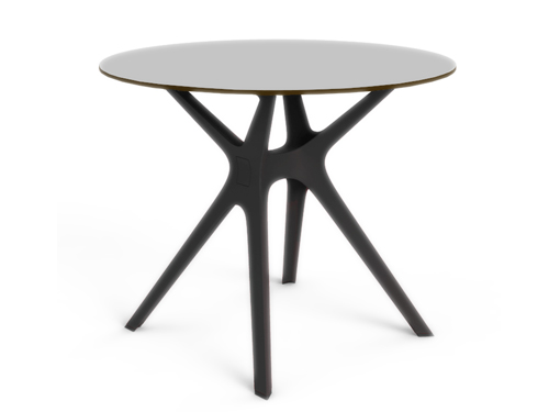 Mesas de diseño con sobre redondo gris plata de 90 cm de diámetro y pie doble en color negro