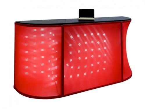 Alquiler de Mostrador 2m ancho x 50cm fondo x 1m alto rojo con curvas a los lados iluminado con leds-WEB
