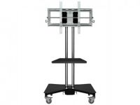 Alquiler de Soporte plasmas con ruedas base y un estante negros