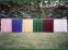Muestras faldones sobre mesa larga colores Rosa,Azul, Beige, Verde; Rojo y Blanco