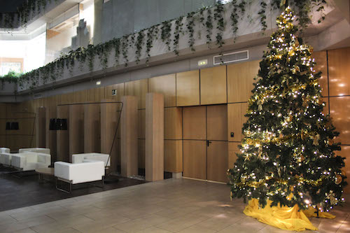 pinos de navidad en alquiler estilo tradicional con decoración color oro bolas de navidad y lazos navideños brillantes 4 metros de altura