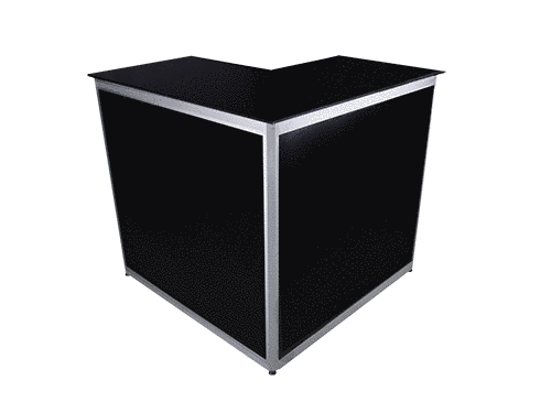 Alquiler de mostradores esquineros negros de 1 x 1 metros para eventos y ferias 