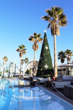Árbol de navidad cónico gigante de 15 metros con estrella luminosa en cima e iluminación blanca (Marina Beach Club, Valencia)
