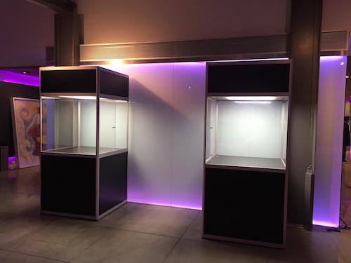 vitrinas expositoras de 2 metros sin zócalo para exposición en centro arte Madrid