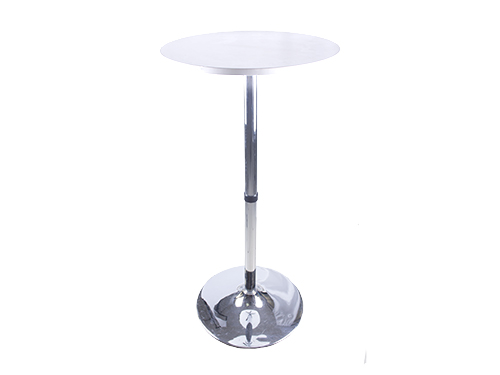 Alquiler de mesa redonda alta de cóctel con sobre blanco y pie de acero