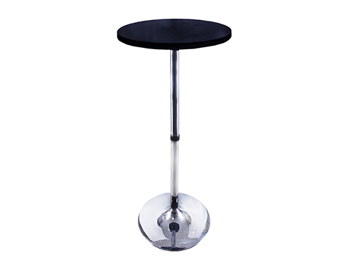 Alquiler de mesa redonda alta tipo cóctel con sobre redondo negro y pie de acero cromado