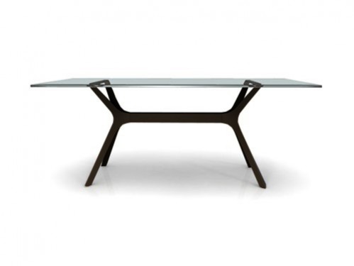 Alquiler de mesas de cristal transparente de 180x90 cm y pie central doble en color negro para eventos exclusivos
