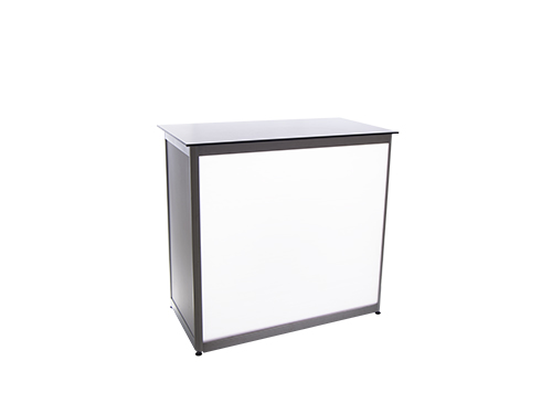 Mostradores en alquiler con tablero de compacto fenólico blanco de 1 metro de longitud y bordes de aluminio 