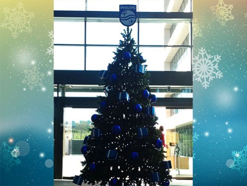 Alquiler árboles de Navidad de 5 metros decorado con luces LED, bolas de Navidad azules y regalos de Navidad azules, personalizado para Philips