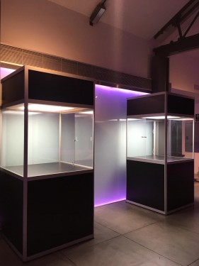 Vitrinas altas en alquiler con iluminación superior para exposición evento Madrid